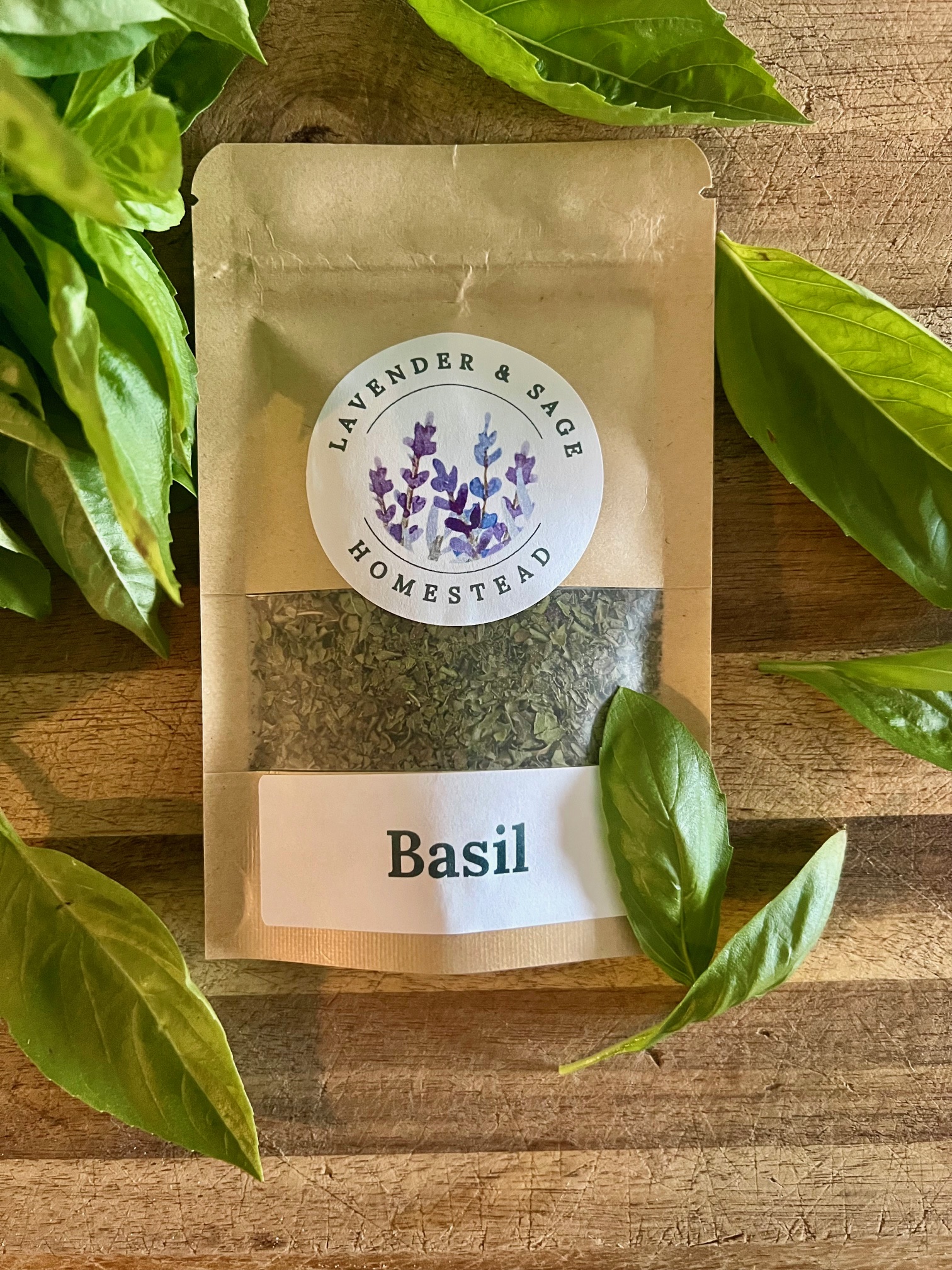 Packet of dried basil leaves